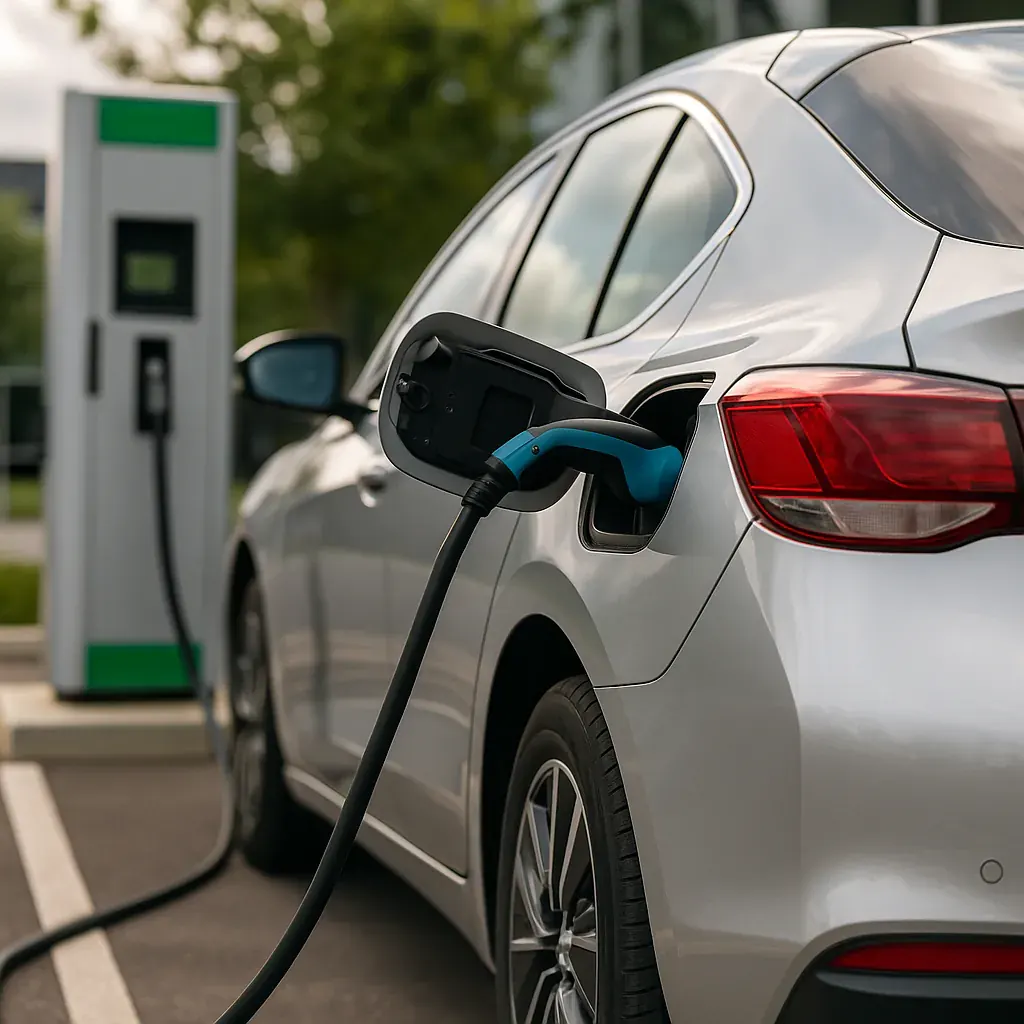 Silver car charging at a station, with a blue cable connected. Green and white background. Daylight setting, modern and eco-friendly mood.