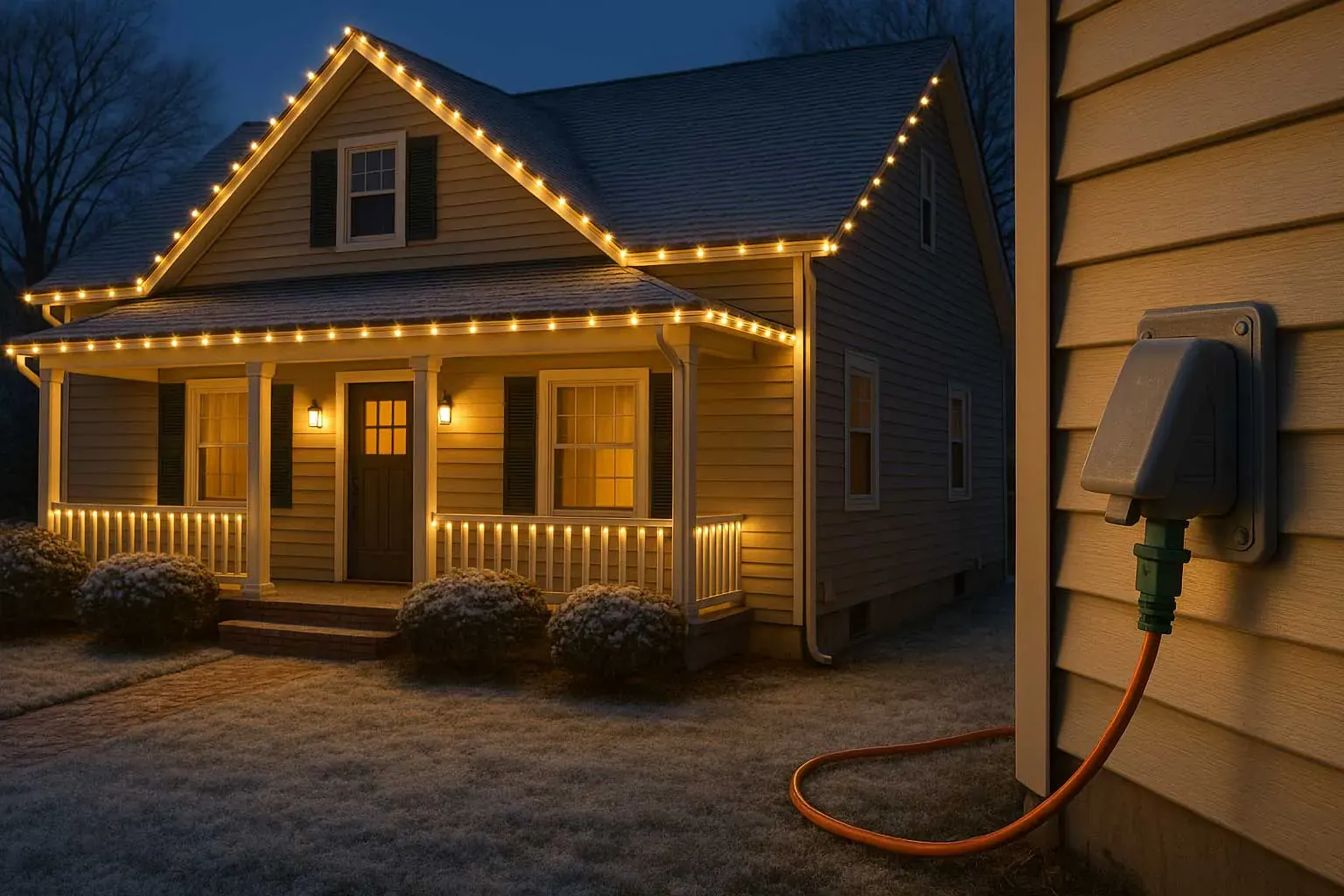 A cozy house with warm white string lights on the roof at night. An orange cable is connected to an exterior power outlet nearby.