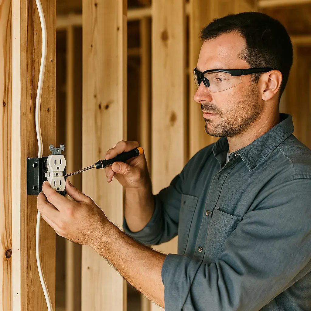 Man in safety glasses uses a screwdriver to install an electrical outlet in a wooden frame. Focused expression, warm tones.
