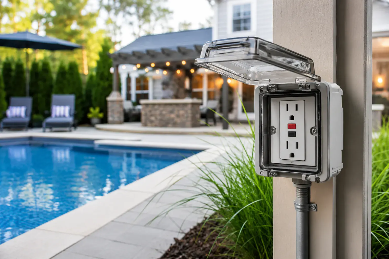 GFCI outlet by an outdoor pool.
