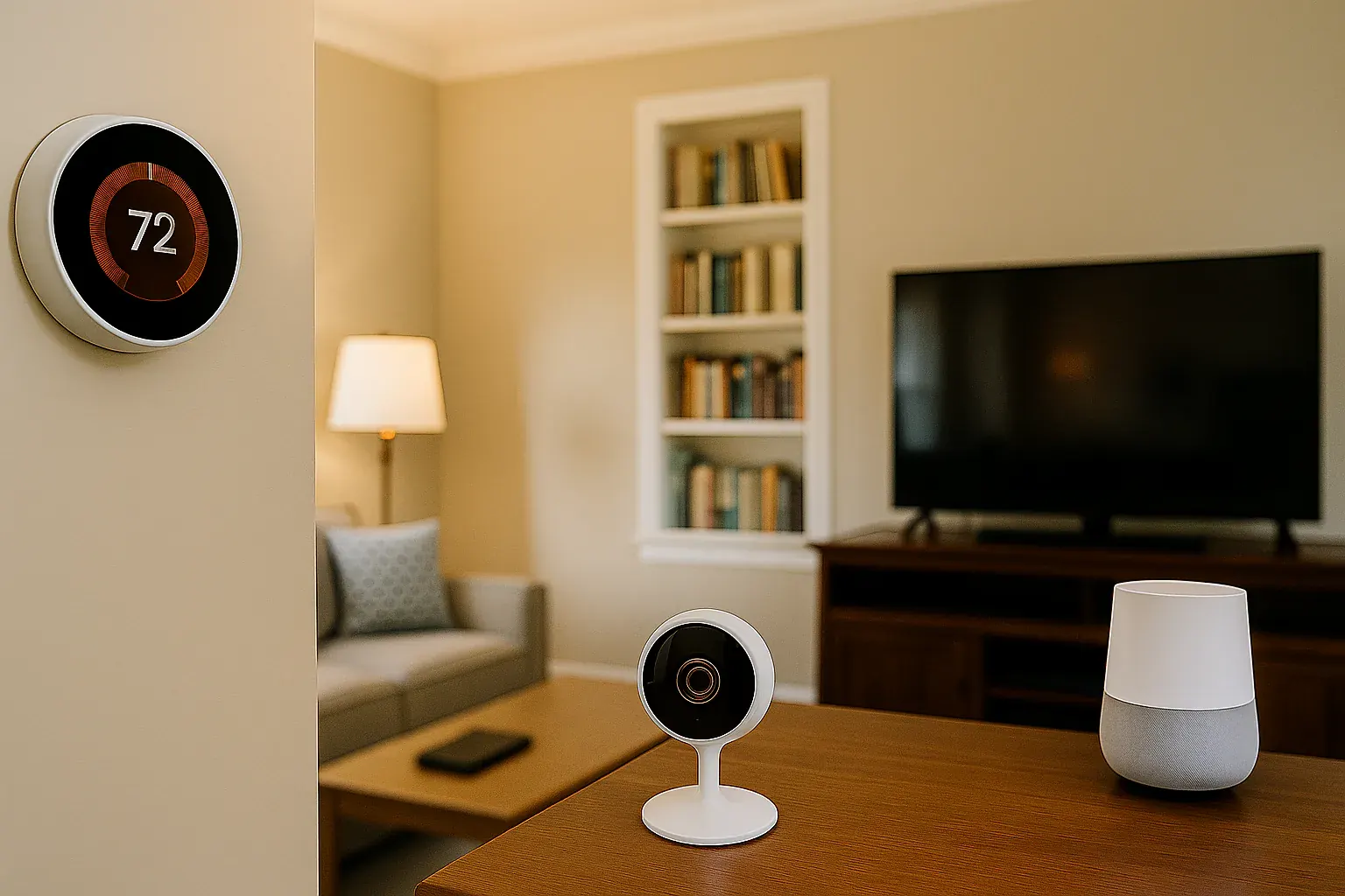 Smart home setup in a living room with a thermostat reading 72, a table camera, and a smart speaker. A TV, shelves, and lamp are visible.