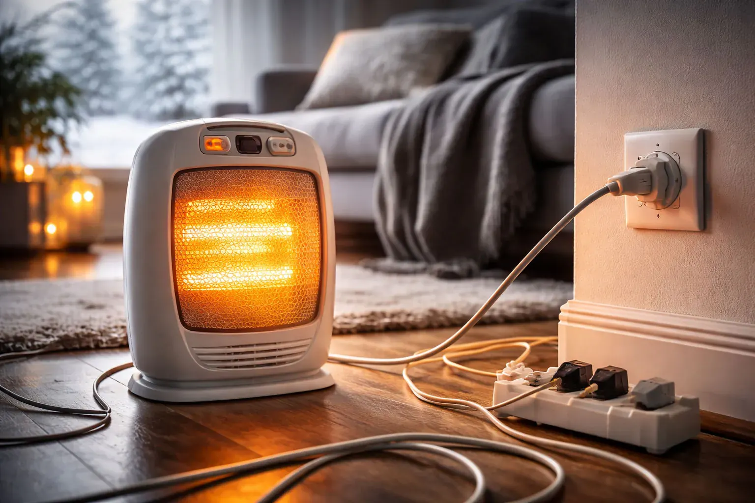 A glowing space heater on a wooden floor, plugged in an outlet. Cozy living room with a sofa, rug, and snowy outdoor view through a window.