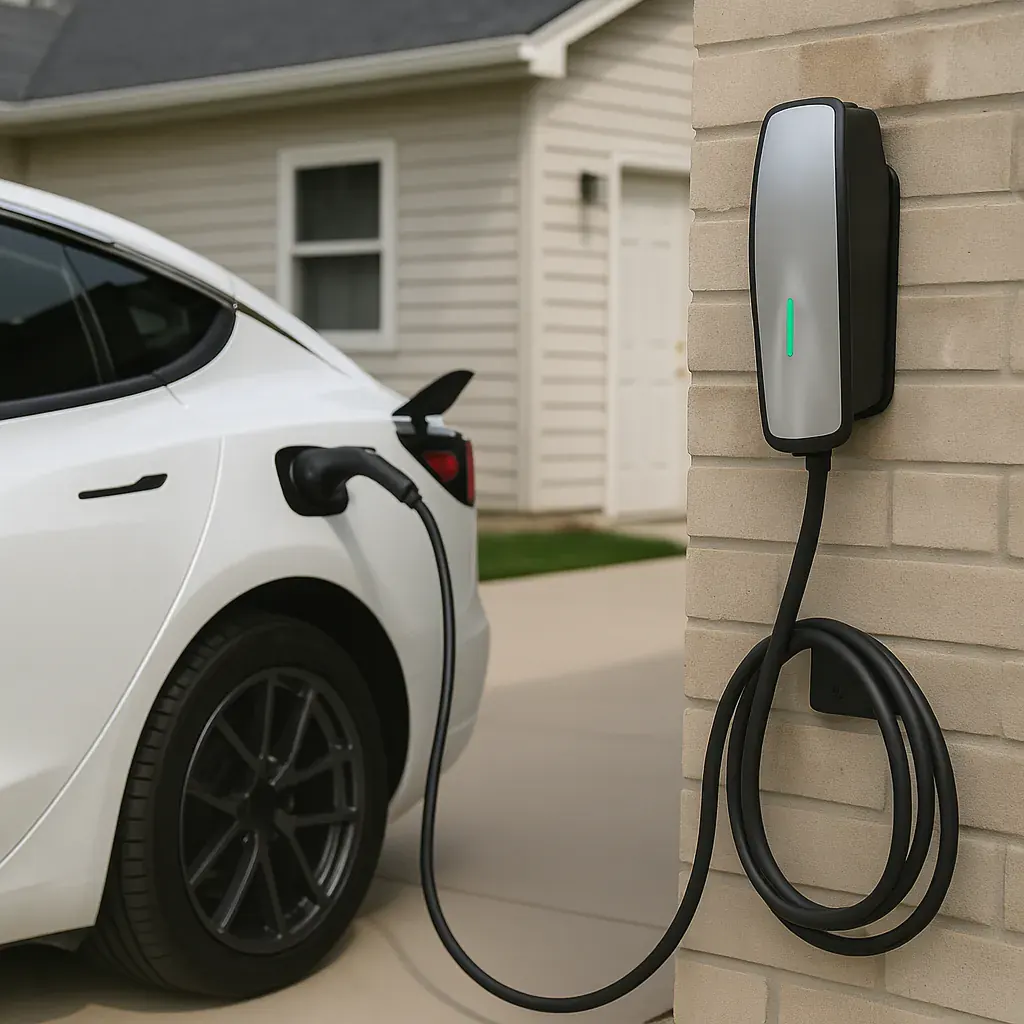 White electric car charging at a home station mounted on a brick wall, with a house in the background. Scene is calm and modern.