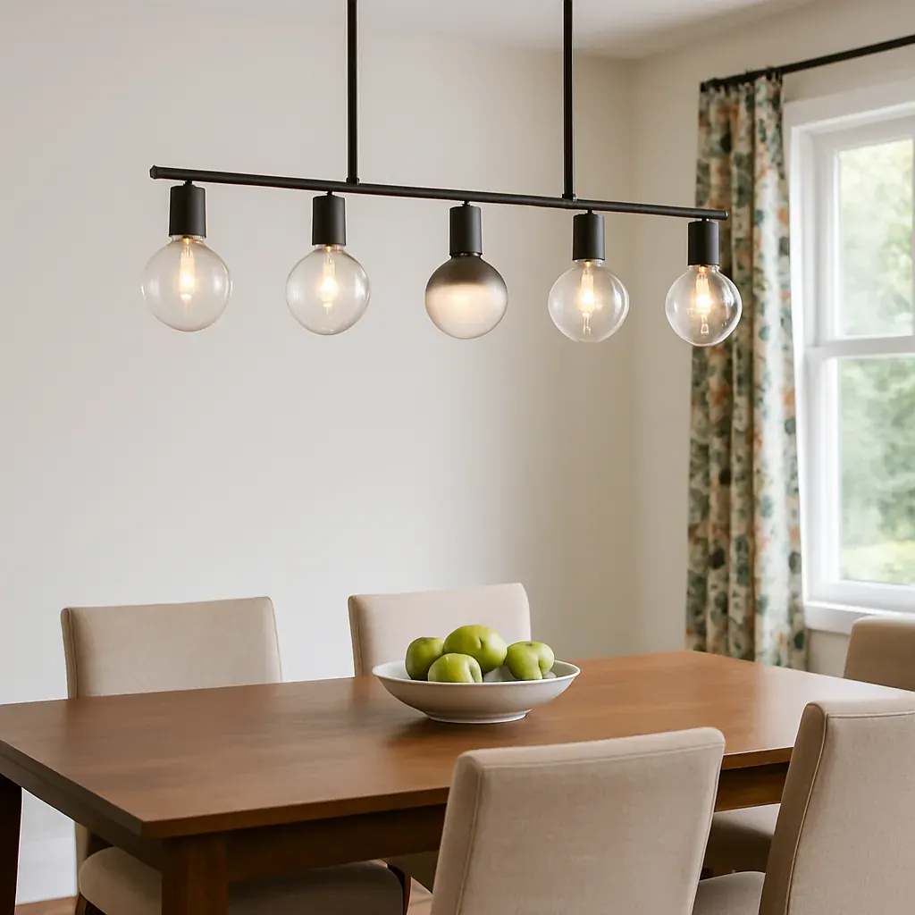 Dining room with wood table, beige chairs, bowl of green apples. Modern pendant lights overhead. Floral curtains by a window. Minimalist decor.
