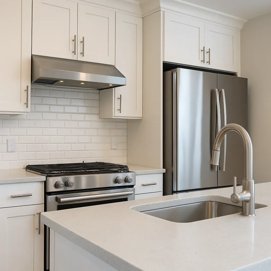 Modern kitchen with white cabinets, stainless steel appliances, and a sleek sink. Bright, clean, and minimalist style with a tile backsplash.