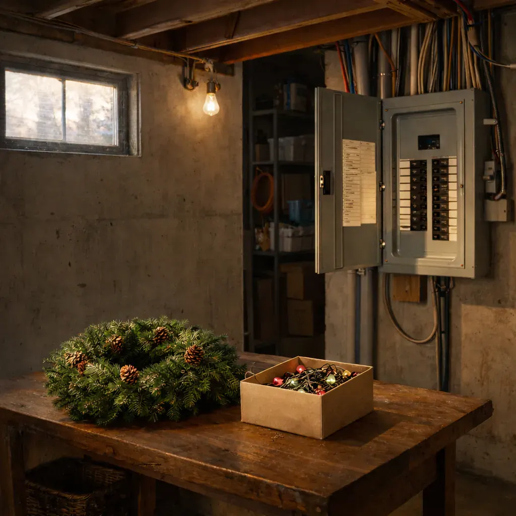 A basement with a wood table holding a pine wreath and a box of ornaments. An open electrical panel and a dim bulb add a cozy feel.