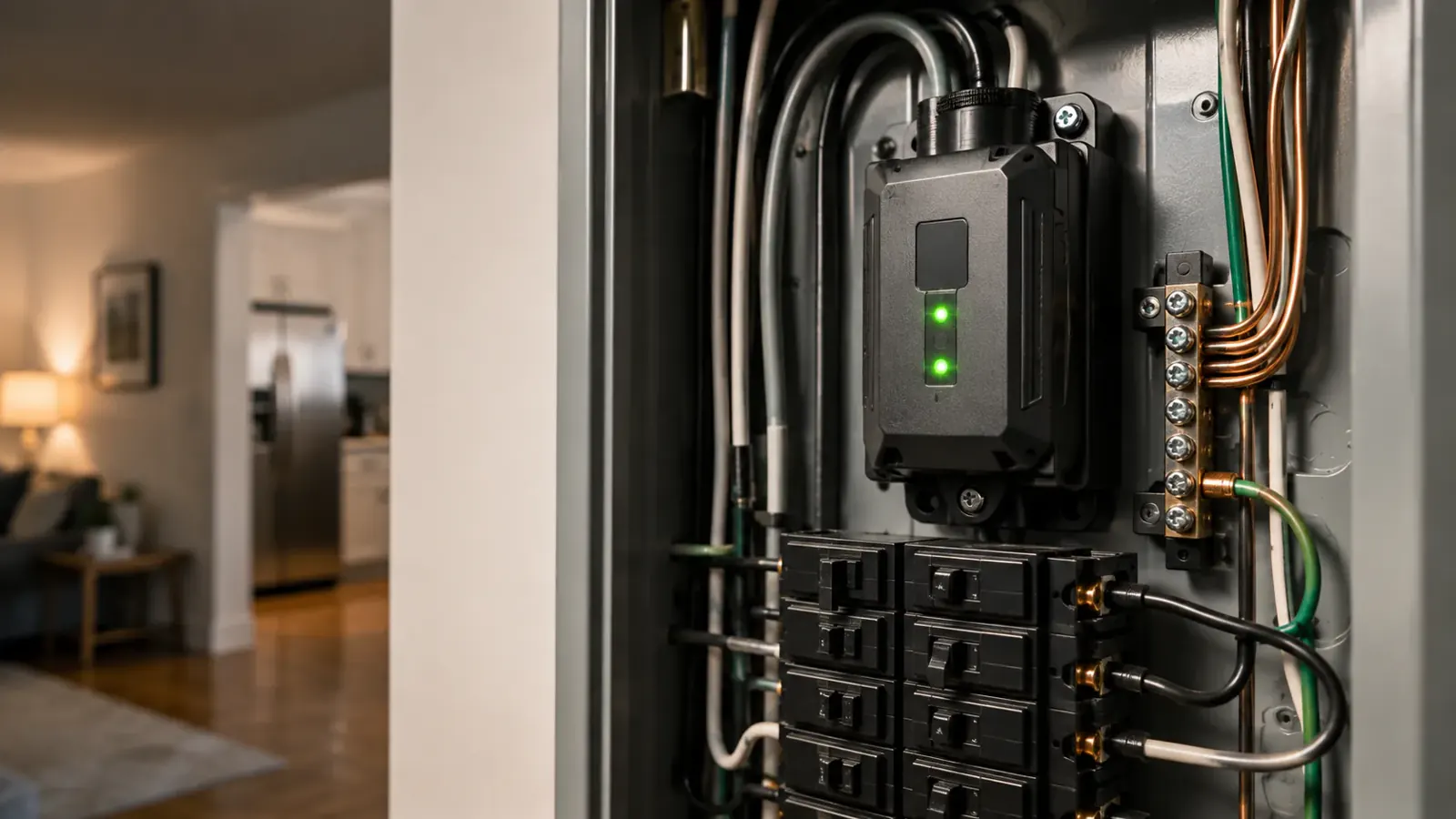 Open home electrical panel with glowing green LEDs, breakers and wiring; blurred living room and kitchen in the background.