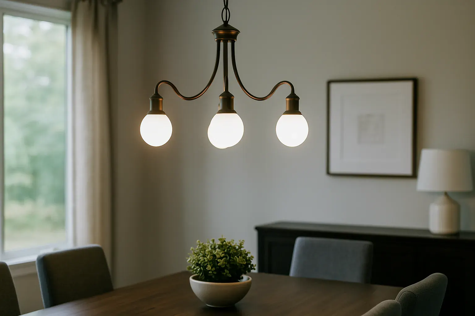 A lit chandelier hangs over a dining table with a potted plant. A window and framed artwork are seen in the softly lit room.