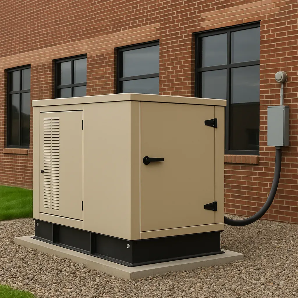 Tan electrical generator outside a brick building on a gravel surface with grass nearby. Black hinges and handles; grey control box.