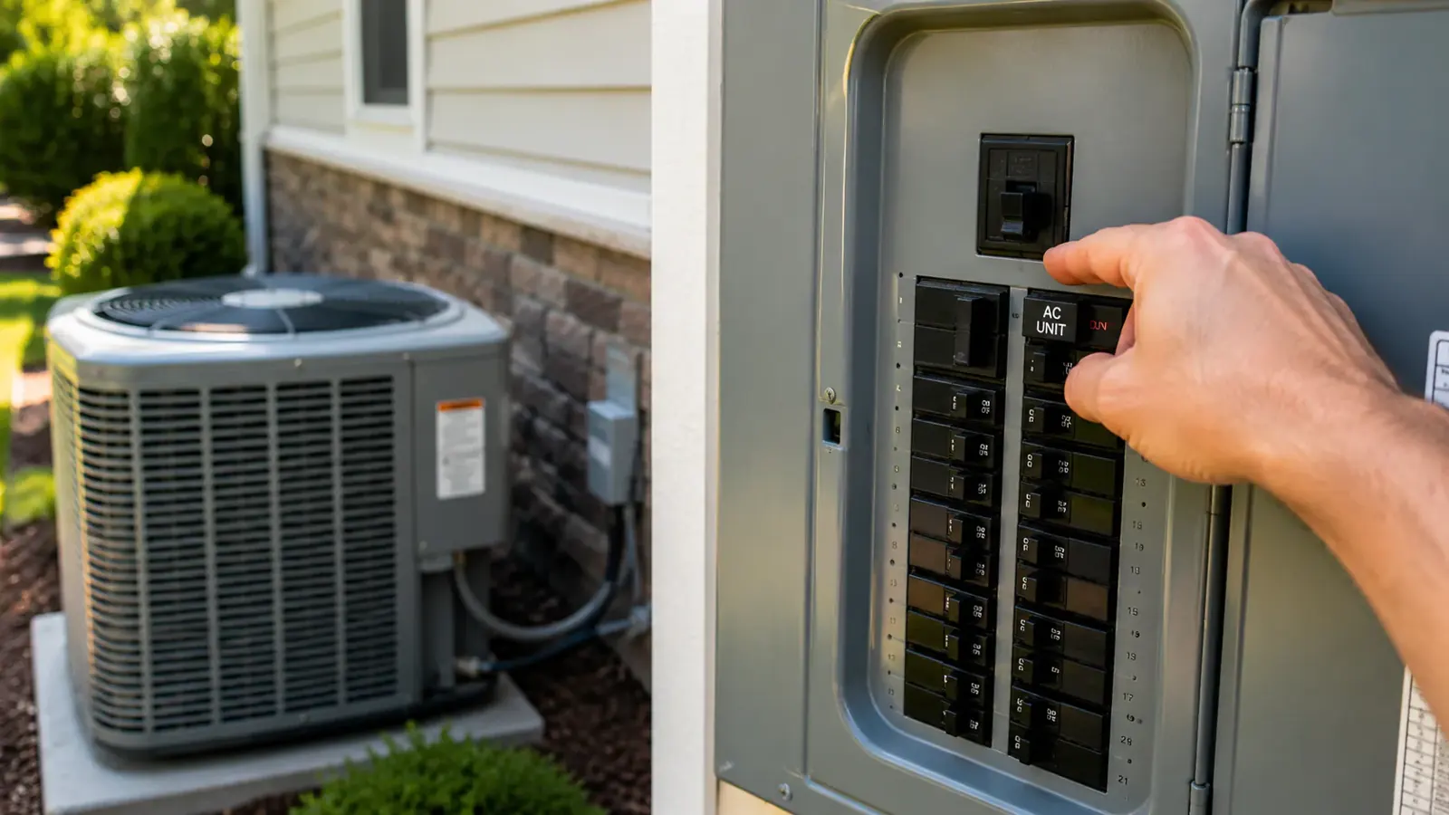 Hand flips breaker labeled AC UNIT in outdoor electrical panel beside home HVAC unit.