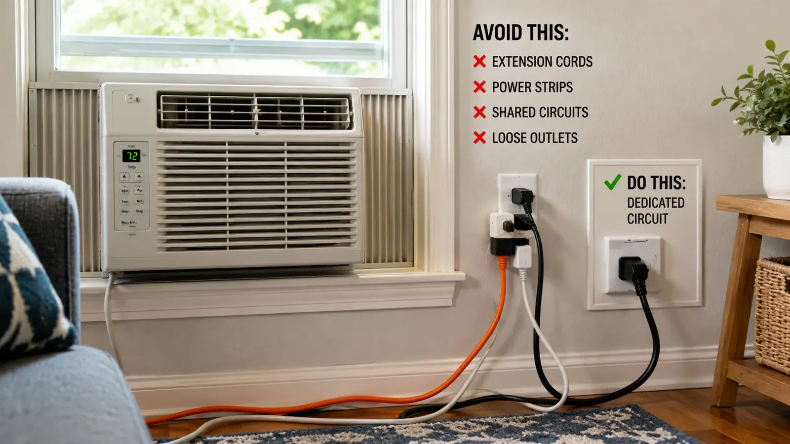 Window AC with cords plugged into wall outlets beside safety signs warning against extension cords and promoting a dedicated circuit.